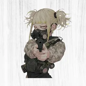 Toga Himiko Tactical Gasmask Anime Girl Sticker – Blonde Shooter in Camo Gear, Rugged Vinyl for Helmets & Car Windows