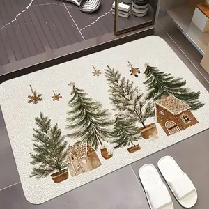 Christmas Theme Water Absorbent Mat, Snowy Scene Pine Tree Cabin Non-Slip Rug, Holiday Decoration Bathroom Door Mat, Bathroom Floor Mat, Bathroom Decorative Mat