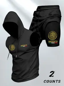 Men's Casual Fashion 2-Piece Set, Vintage Mexican Emblem Print Hooded Vest and Fake Two-Piece Shorts, Comfortable Trendy Summer Outdoor Sports Wear