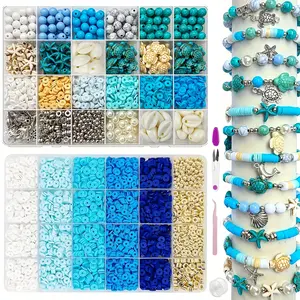 Summer Ocean Bead Bracelet Making Kit, 2 Boxes 24 Grid Blue Beach Shell Starfish Beads, DIY Jewelry Craft Supplies