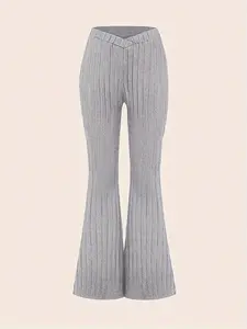 Women's Solid Ribbed Flare Leg Pants, Casual Comfy Drop V Waist Bell Bottom Trousers for Daily Wear, Ladies Bottoms for Fall & Winter
