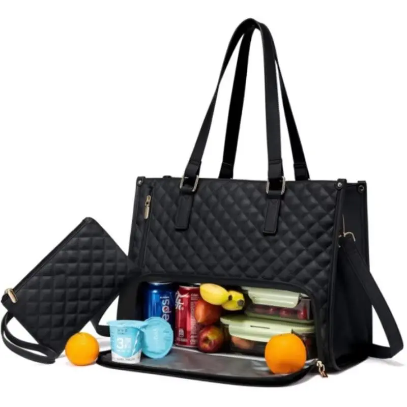Large Women's Quilted Lunch Bag with Insulated Compartment 15.6inch Laptop Tote Bag Leakproof Leakproof Lunch Box Pocket Work Bag Handbag Black Travel Essentials