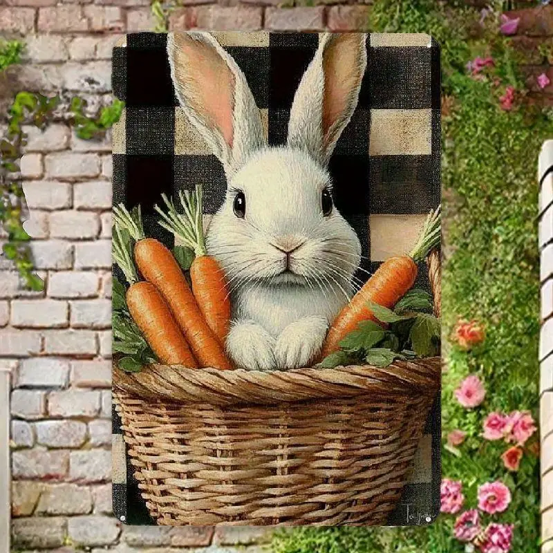 Vintage Easter Bunny Tin Sign - Retro Spring Bunny Wall Decoration, with Checkered Basket and Carrot, 8inch x 12inch cm, Perfect for Home, Office, or Man Cave, Bunny with Count