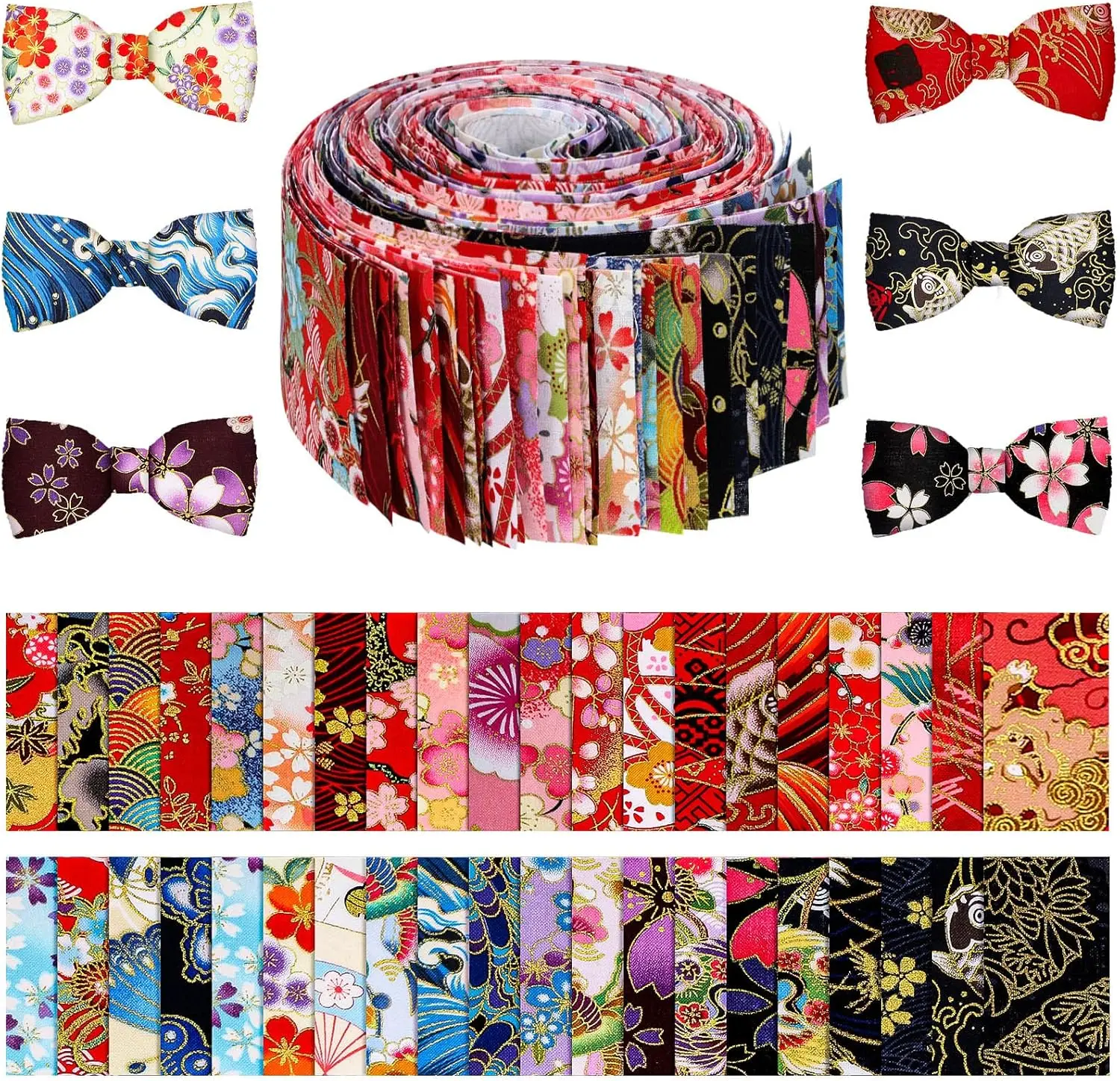 40 Pcs Japanese Jelly Cotton Fabric Patchwork Roll, 2.55 Inch Roll Up Cotton Fabric Quilting Strips, Jelly Fabric Patchwork Craft Cotton Fabric for Quilters and Sewing DIY Crafts (Japanese Style)