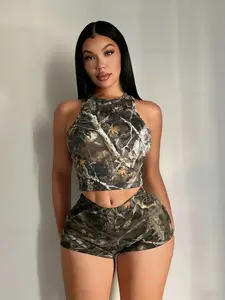Women's Sexy Two-Piece Set, Camouflage Print Slim Fit Tank Top Crop Top & Short Shorts, Casual Fashion for All Seasons