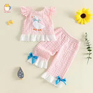 Toddler Girl Summer Clothes Plaid Print Duck Embroidery Flutter Sleeve Tops and Ruffled Pants 2 Pieces Set
