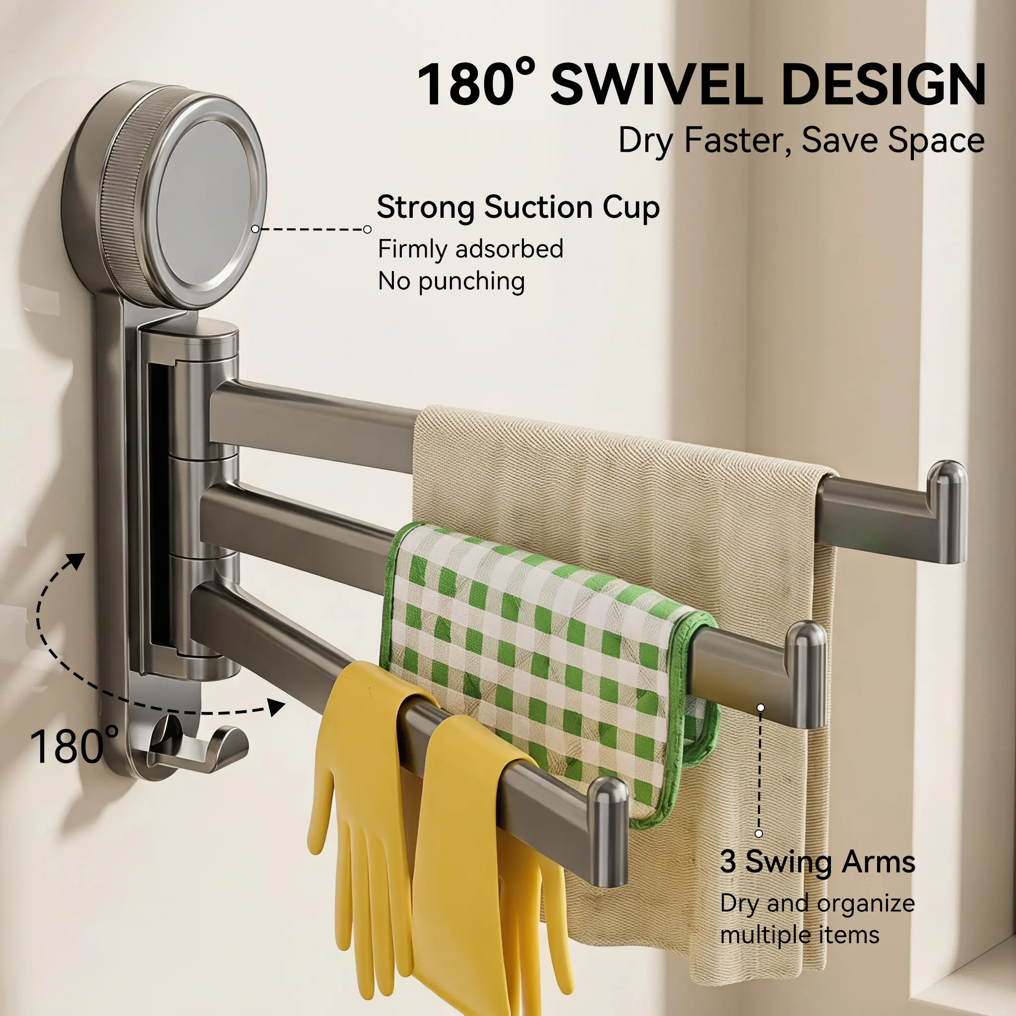 【SummerWins】No Drill Adhesive Rotatable Towel Bar, Wall Mount 3-Arm Swing Out Towel Rack, Foldable Multi Rod Towel Holder with Hook Grooves for Bathroom and Kitchen