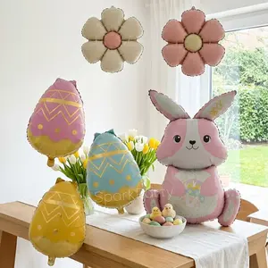 Easter Party Decoration Balloons Set, Giant Matte Bunny Balloons, Blue Egg Shaped Balloons, 18 Inch Flower Shape Balloons, Balloon Garland
