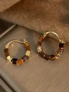 Women's Elegant Hoop Earrings, Hoop Shape Earrings, Tiger Eye Stone Beaded Design, Fashionable All-Season Jewelry for Daily Wear & Parties, High Quality Earrings