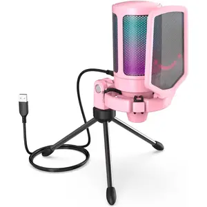 USB Gaming PC Microphone for Streaming Podcasts, AmpliGame RGB Computer Condenser Desktop Mic, Cardioid Pattern for  Video, Plug and Play on PS4 PS5, with Quick Mute, Mic Gain-A6V Pink