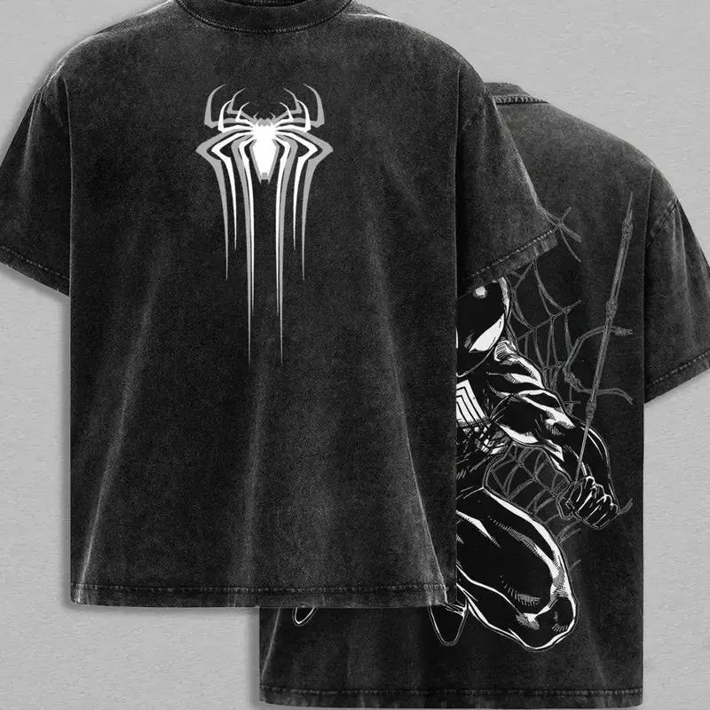 Black Web Hero Vintage Washed Oversized T-Shirt | Dark Symbiote Graphic Tee | Black Suit Web Warrior Streetwear Shirt | Acid Wash Unisex Tee 9ZR XB4