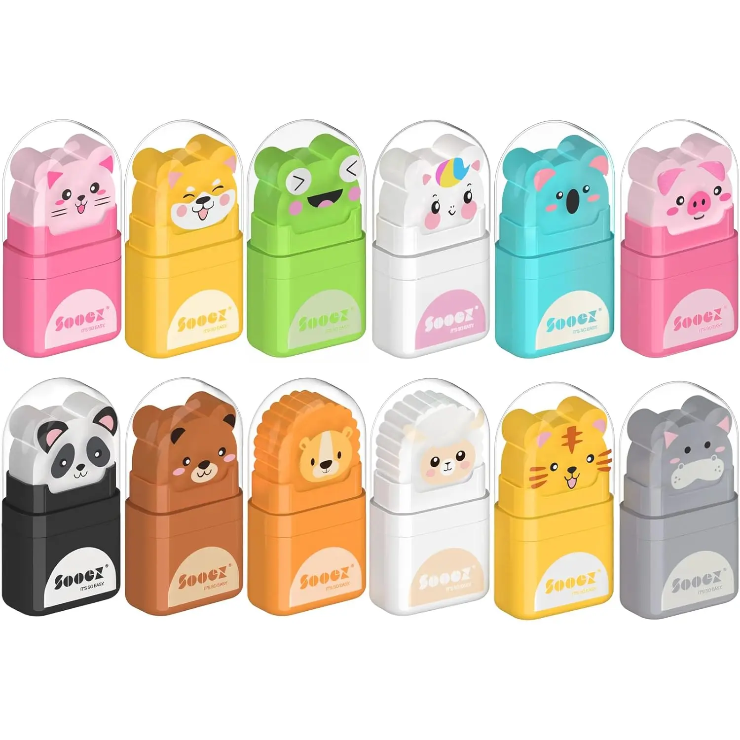 Sooez 12 Pack Pencil Erasers with Clean up Roller, Cute Erasers for Kids, Animal Fun Eraser with Shaving Roller and Cover, for Teacher Class Favor School Supplies Home Office Party