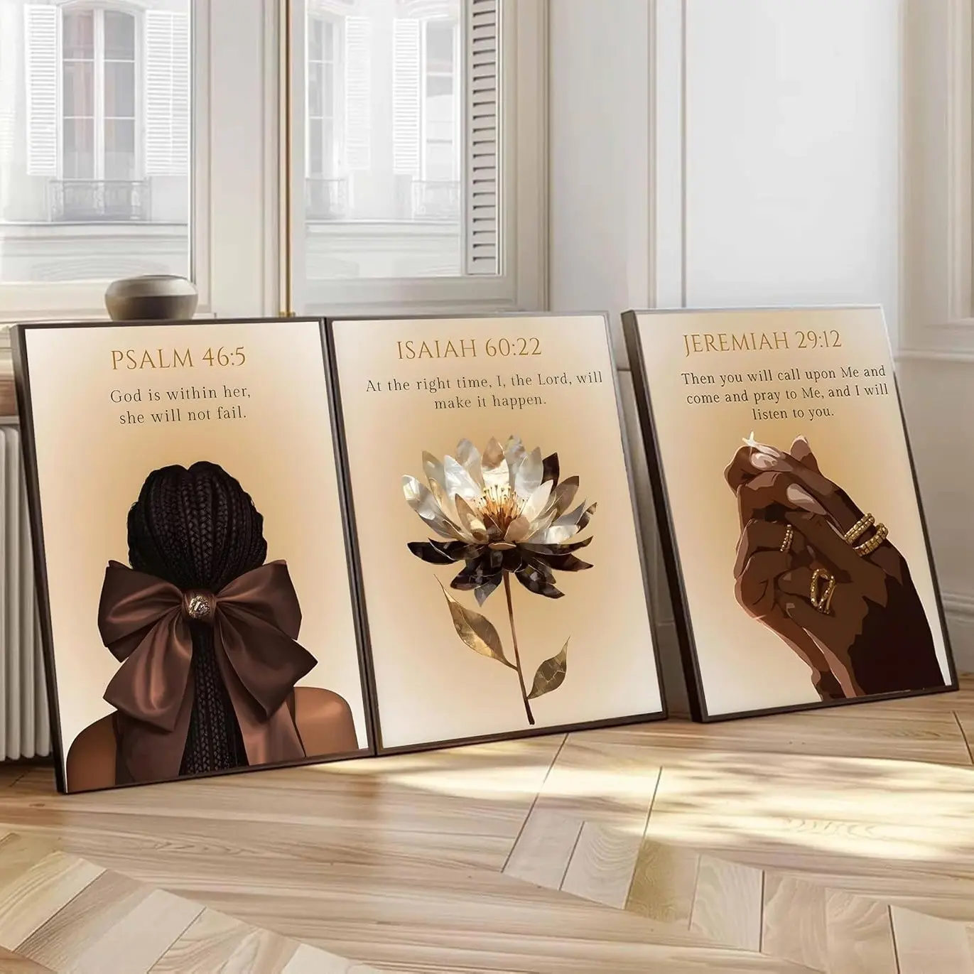 3pcs/set Trend Black Girl Canvas Wall Art Christian Bible Verse Poster Prints Abstract Fashion Lotus Flower Pictures Modern Abstract Design Wall Decor for Living Room Bedroom Modern Home Decor Unframed Decoration