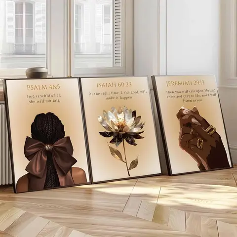 3pcs/set Trend Black Girl Canvas Wall Art Christian Bible Verse Poster Prints Abstract Fashion Lotus Flower Pictures Modern Abstract Design Wall Decor for Living Room Bedroom Modern Home Decor Unframed Decoration