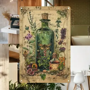 2D Flat, 1pc  8*12 in Vintage Herbalism Metal Sign, Metallic Botanical Potion Bottle Art Print - Antique apothecary Decor for Home, Classroom, Gallery - Easy Hang Installation