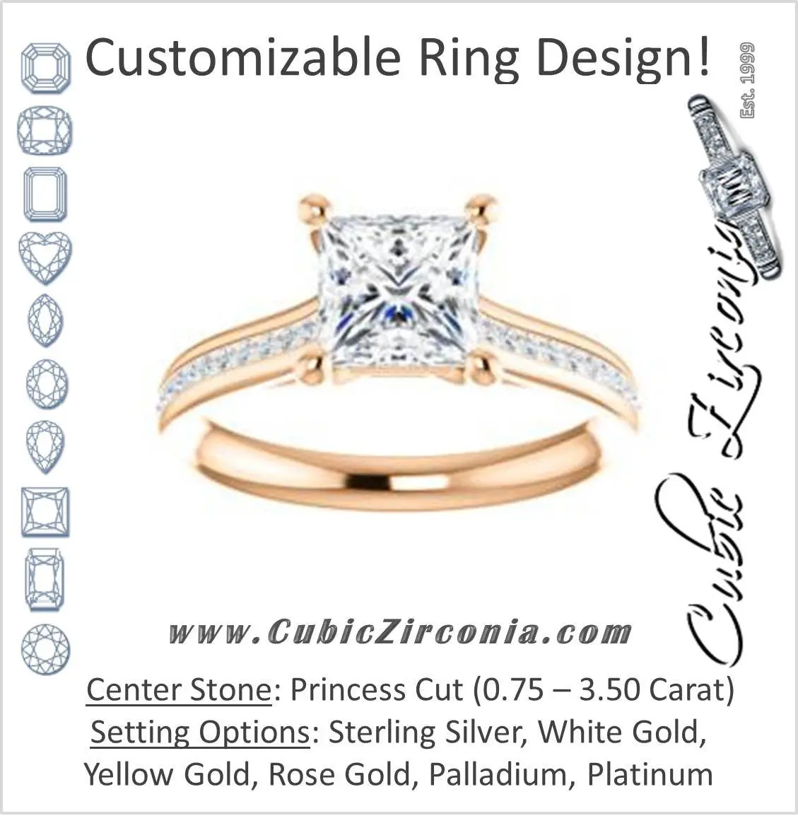 Cubic Zirconia Engagement Ring- The Rosario (Customizable Princess Cut Cathedral Setting with 3/4 Pavé Band)