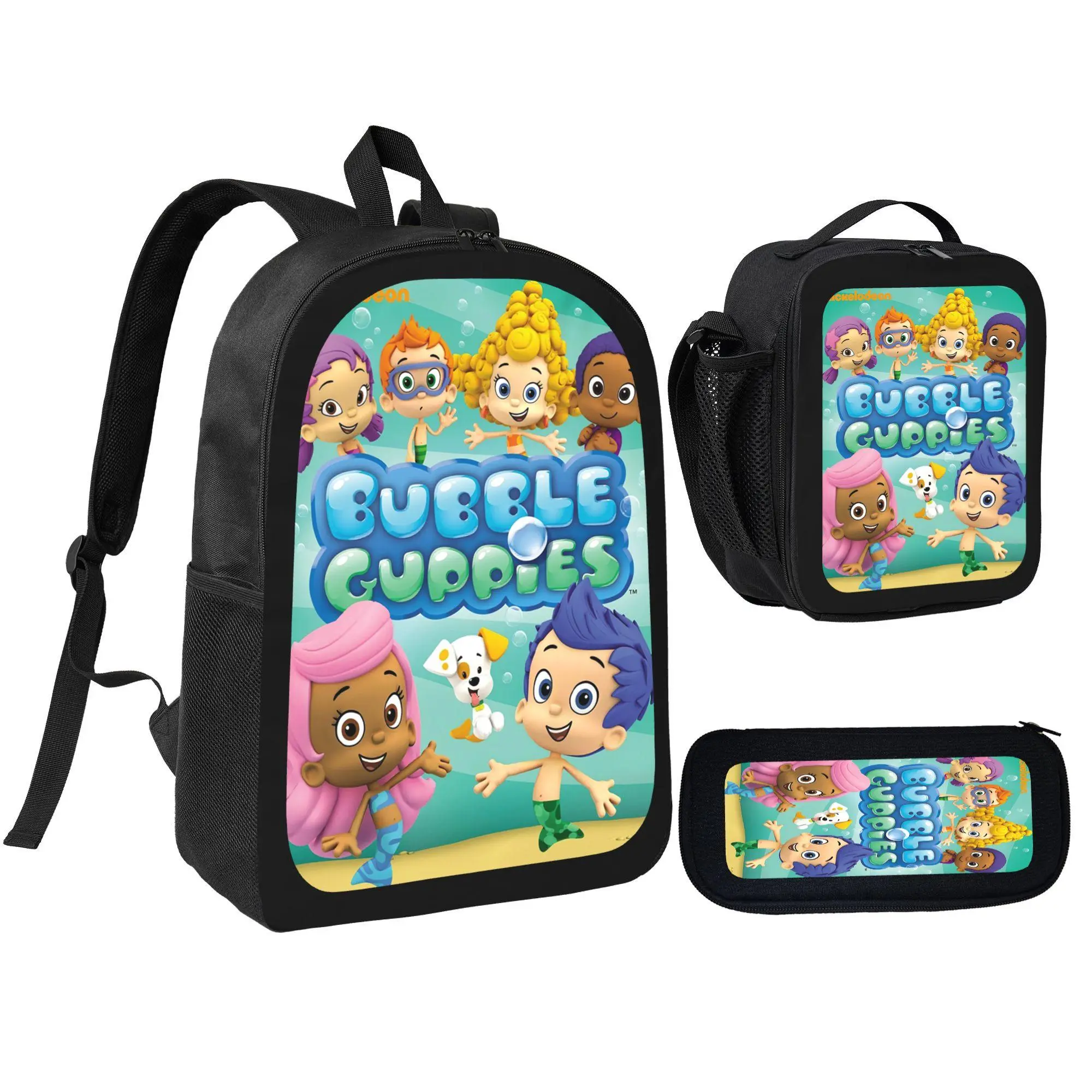 Kids' 3Pcs Polyester Backpack Set - Bubble Guppies Cartoon Print, Adjustable Straps, Multi-Pockets, Prop 65 Safe, With Lunch Bag & Pencil Pouch For Toddlers Kindergarten Preschool Daily Use Gift