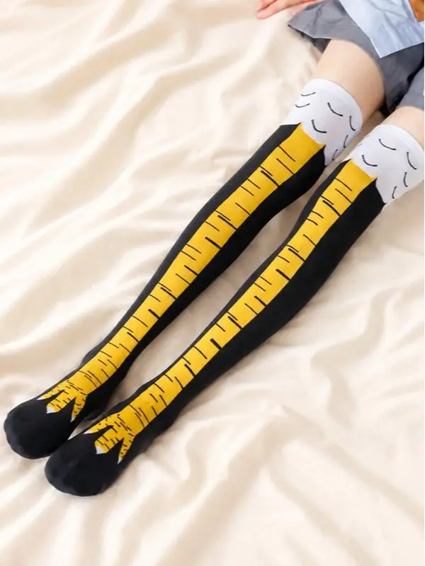 Women's Trendy Cartoon Print Over The Calf Socks, Cute Chicken Feet Design Knit Socks, Comfort Hosiery for Women Indoor Outdoor Wear Womenswear Bridal