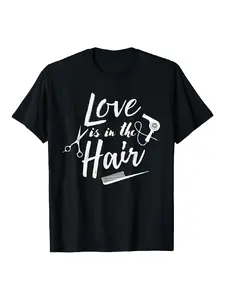 Love is in the Hair Men'S Black Cotton T-Shirt - Soft High-Stretch Fabric, Graphic Print with Scissors & Comb Design, Round Neck Casual Tee for Hairstylists & Beauticians, Machine Washable SalonHot selling items, Gift, Fashionable, Unisex, Vintage, Soft,