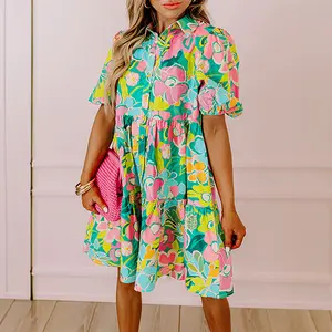 MULLVEIG Women's Chic Floral Short Sleeve Babydoll Dress - Puff Sleeve Collared Button-Up, Spring Summer Versatile Style Casual Comfort Lightweight Comfortable Bohemian Boho Shortsleeve Fabric Print Vneck Womenswear