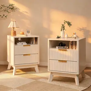 White 18 Inch Modern Fluted Nightstand with Charging Station, Curved Profile Side Table with 2 Drawers, Multi-Functional End Table for Bedroom Living Room