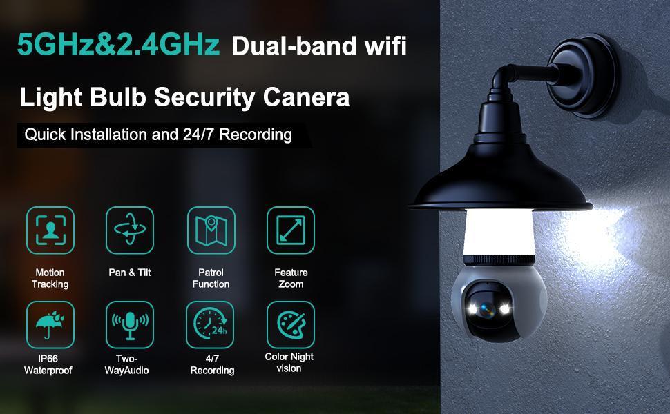 Hawkray 5G + 2.4GHz Dual-Band Wireless Infrared Night Vision Camera | Indoor/Outdoor Use · 360° Panoramic Viewing · Smart Motion Detection · Real-Time Alerts · Bulb-Style Cord​
