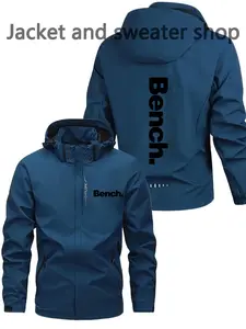Men's Sporty Lightweight Polyester Fashion Hooded Jacket, Bench Print, Full Zipper Front, Casual Outdoor Spring Fall Summer Coat