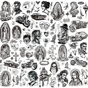 12 Sheets Large Chicano Temporary Tattoos, Cholo and Chola Temporary Tattoos, Chicana Guadalupe Gangster Fake Tattoos Day of the Dead, Día de Muertos, Tatuajes Temporales, Halloween Mexico Tattoos