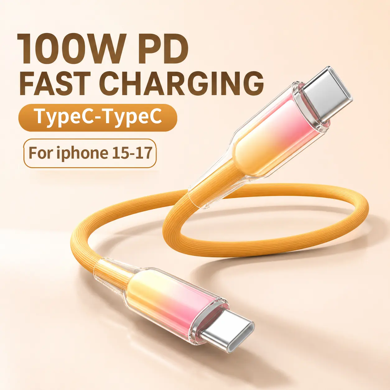 Break-Proof Durable PD Fast charger Cable,100W PD Fast Charging cable,USB C to USB C Cable,for iPhone 15 16 17 pro max Series,3.3ft-6.6ft(1-2m)Extra Long for home,Transparent Gradient Cable,PE Material,Data Transfer&Charger Cord,Gradient Transparent Cable
