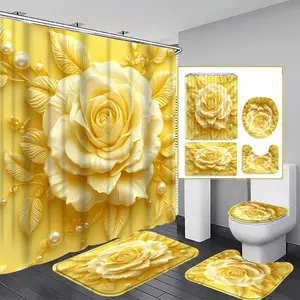 1/3/4PCS Yellow Rose Shower Curtain set, Elegant Floral Bathroom Decor, Accessories with Bath Mat, U-shaped Mat,Toilet Lid Cover, 12 Hooks 180x180cm Curtain, Rose Enthusiast, Home Decor, bathroom accessories.