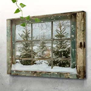 [2D Flat] 1 Piece Winter Wonderland Window View Canvas Painting - Pine Trees in Snow and Snow-Covered Rustic Wooden Frame Landscape, Perfect for Living Room or Bedroom Decoration, Christmas Wall Art, Winter Home Decor