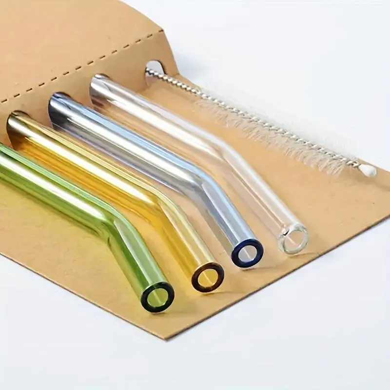 [Hitzebeständige Glas Strohhalme] Wiederverwendbares 4 Stück Multicolor Glas Strohhalm Set - Hitzebeständige Strohhalme für Smoothies, Tee, Saft & Getränke - Reinigungsbürste Inklusive für Outdoor, Restaurant, Reise & Zuhause