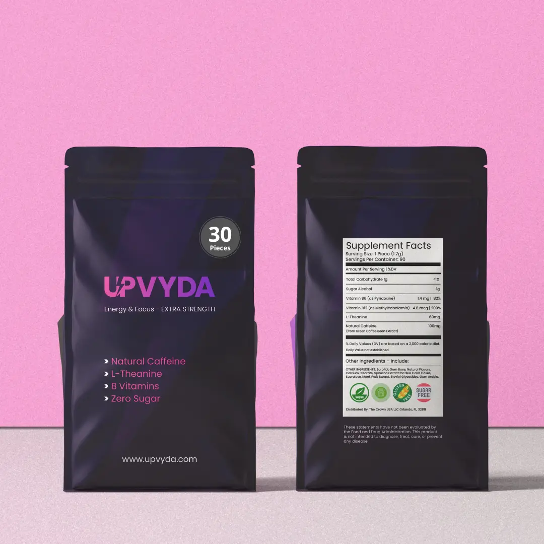 UPVYDA Energy Gum Extra Strength - Mint Flavor, 100mg Natural Caffeine, 60mg L-theanine, 82% Vitamin B6, 200% Vitamin B12, 30 Units