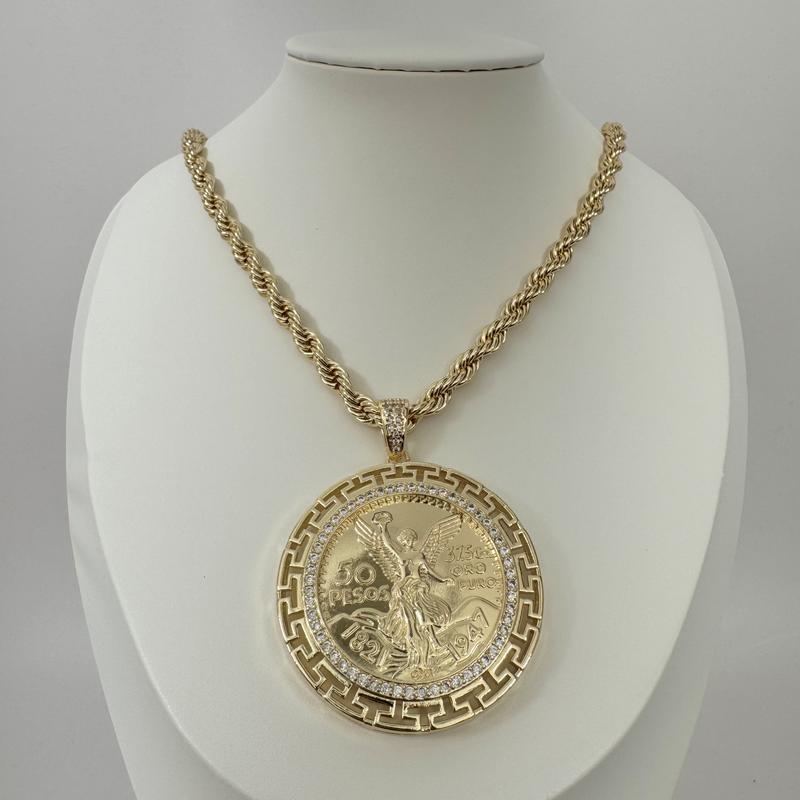 Centenario Necklace 14k Gold Plated Mexican 50 Pesos Centenario Pendant for Men Cuban Link Rope Chain
