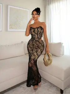 Women's New Elegant Lace Halter Top Set, Elastic Waist G-Swing Skirt Long Two-Piece Set, Stylish Backless Design