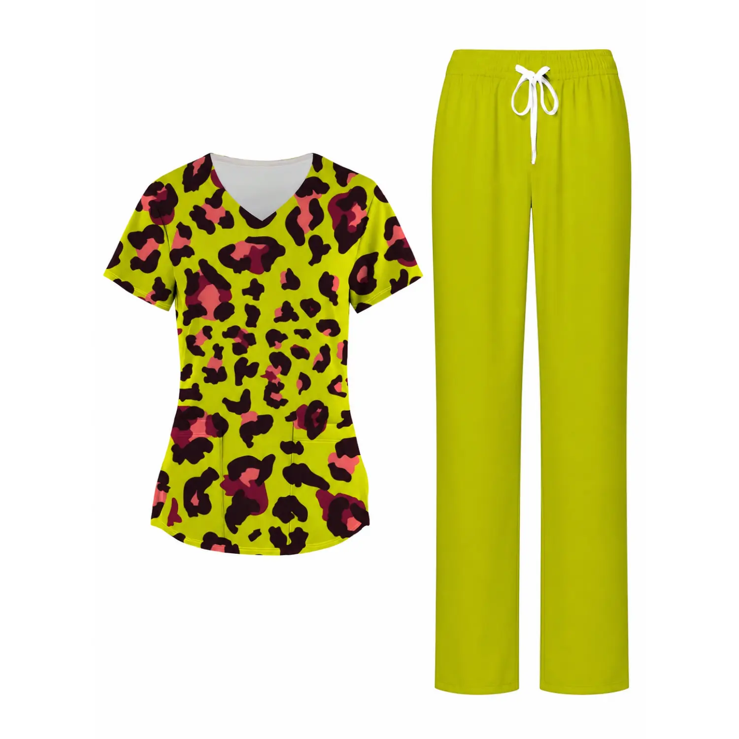 Vibrant Neon Leopard Print Nurse Scrub Set - V-Neck Top and Elastic Waist Drawstring Pants for Healthcare Professionals Nurse Scrub Uniforms Nurse Workwear Medical Scrubs Clinical Uniform