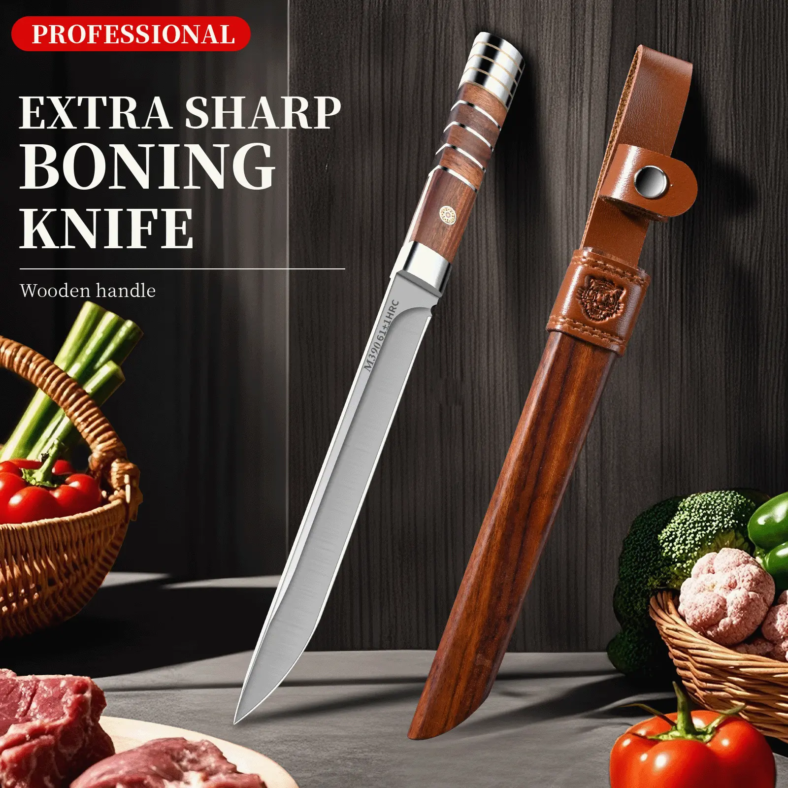 M390 Steel Kitchen Knife, M390 Stainless Steel Blade with Wooden Sheath, Multi-Functional Portable Knife for Kitchen-BBQ Use with Enhanced Edge Retention, Knives, Solid Wood