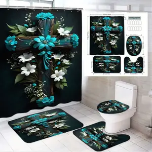 4pcs Rustic Dark Bathroom Set, Wooden Cross & Vibrant Turquoise Flowers, Elegant Floral Shower Curtain,The floor mat fabric is thicker and softer!  Soft Bath Mats, Toilets Seat Cover