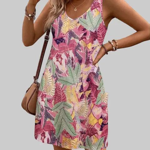 Women's Casual Elegant Boho Floral Sleeveless V-Neck Pocket-Ready Ease A-Line Mini Beach Dress - Loose, Flowing Silhouette, Pull-On Fit, Polyester Blend, Above Knee, Thin Slightly Translucent, Machine Washable (Check Size Chart; Sizes Run Small)