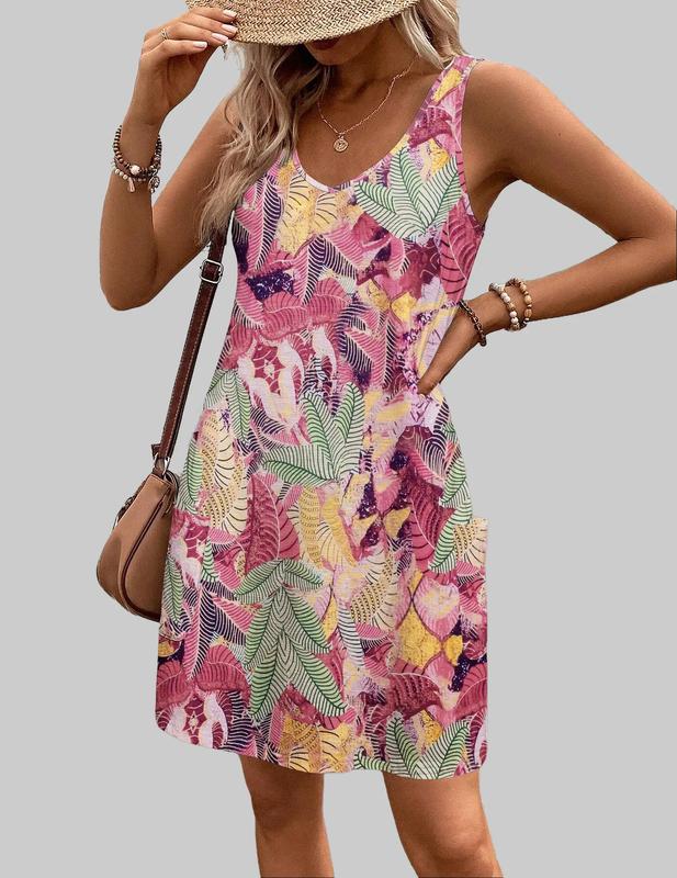 Women's Casual Sundress with Pockets Spring Summer Boho Beach Dress Floral T-Shirts Dress V Neck Loose Tank Dresses Flowy Swing A-Line Mini Dress Machine Washable Elegant Womenswear Thin Slightly translucent Sizes run small