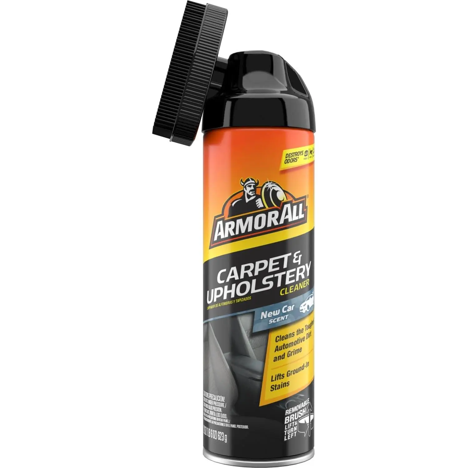 Armor All Carpet and Upholstery Cleaner Spray for Tough Stains, 22 Fl Oz | Includes removable scrub brush and New Car Scent; helps eliminate pet, food and smoke odors in car interiors