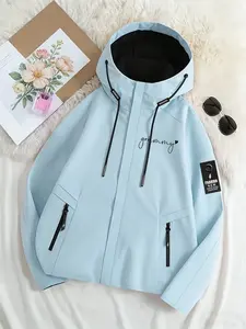 Women's Trendy Aesthetic Hooded Jacket (Light Blue) Available With "grammy" Handwritten Font + Heart Print Sweet & Elderly Style Grandma Exclusive Easy Pull Zipper Loose Fit Soft Fabric Casual Versatile Womenswear