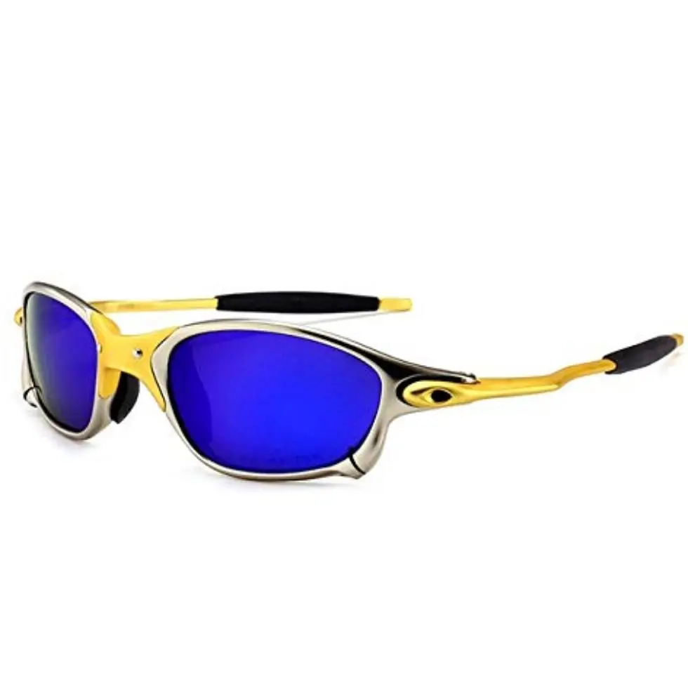 Silver frame, gold nose bridge, blue pla