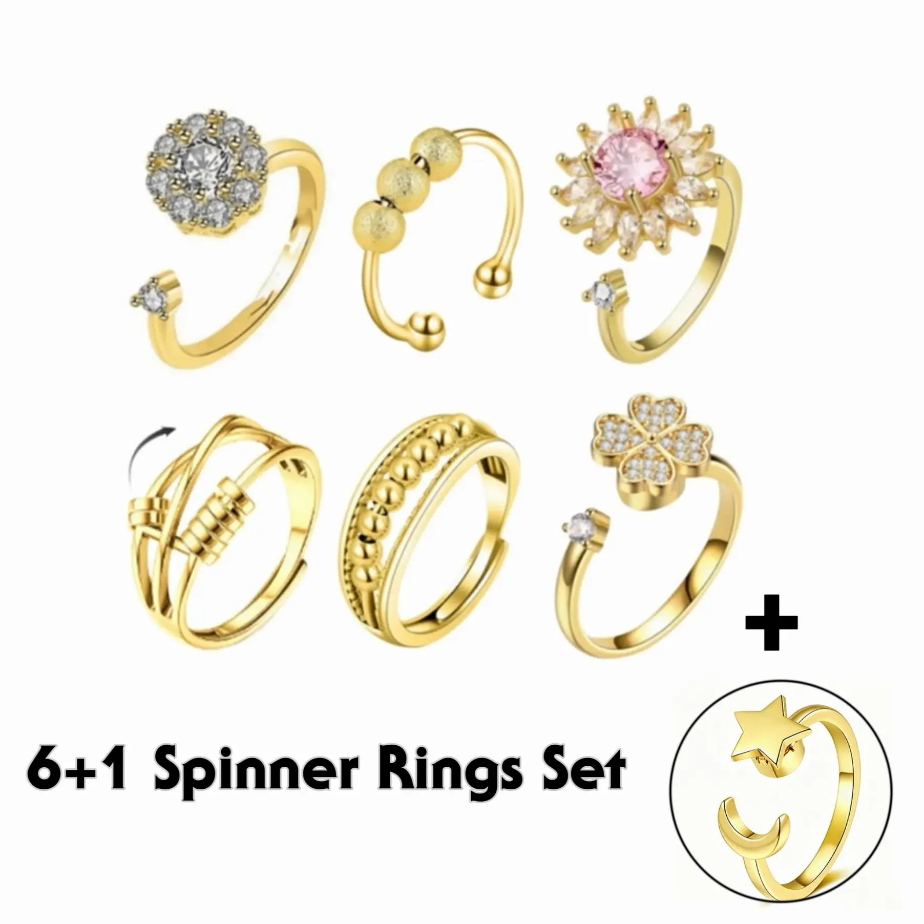 7PCS Spinner Rings Set for Women & Girls, Anxiety Relief Fidget Jewelry, Rotatable Rings for Stress Relief, Minimalist Gold Rings, Everyday Wear Jewelry finger adjustable anxiety ring fashion stackable
