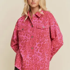Red and fuchsia leopard oversized denim jacket