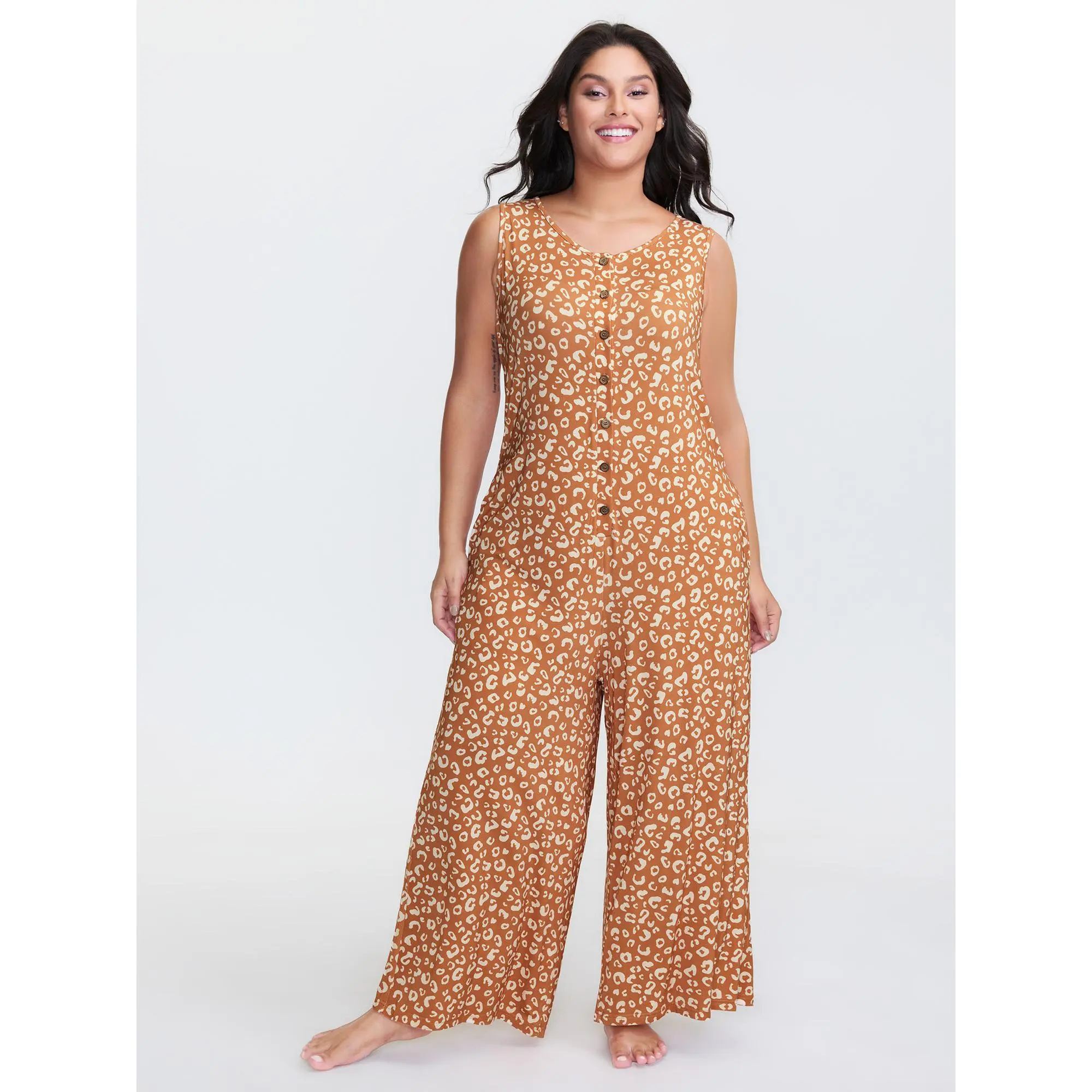 Women's Leopard Print Spandex-Elastane-Rayon Blend Lounge Jumpsuit Overalls - Sleeveless, Button-Front, Side Pockets, Low-Iron, Cold Wash, Do Not Tumble Dry, 2026 Summer Mom Pick, Fitted, Casual Sleepwear