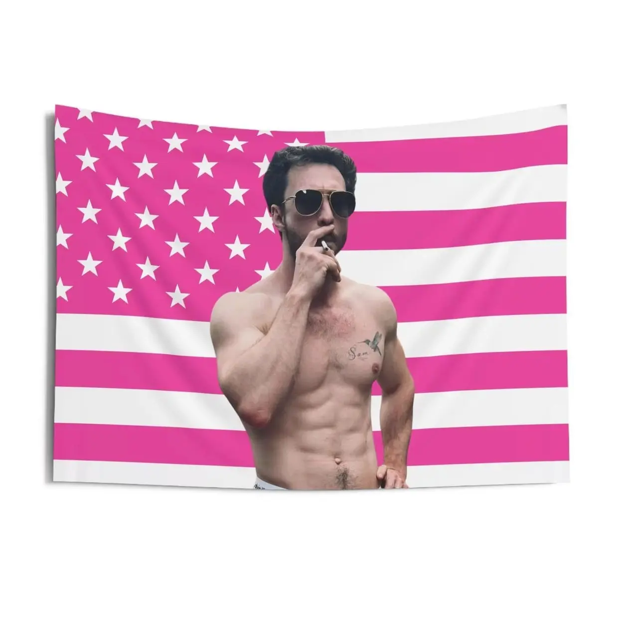 Shirtless Smoking Aaron Taylor-Johnson Pink Flag Tapestries, Aaron Taylor-Johnson Indoor Wall Tapestries