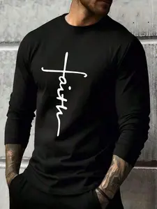 Men's Regular Fit Letter Print Round Neck Long Sleeve Tee, Casual Crew Neck T-shirt for Summer, Fashion Men's Top for Daily Wear