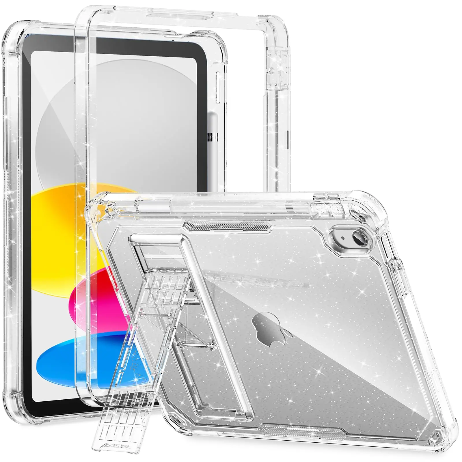 INFILAND Kids Case for iPad A16 11 inch 11th Generation,iPad 10th Generation Case 10.9 Inch, Heavy Duty Shockproof Protective Cover with Stand, Glitter Clear Cute Shell for Girls, Women