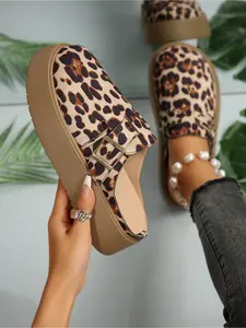 Leopard Print Platform Mules for Women  Buckle Strap Slip-On Chunky Sole Slippers Casual Fashion Shoes